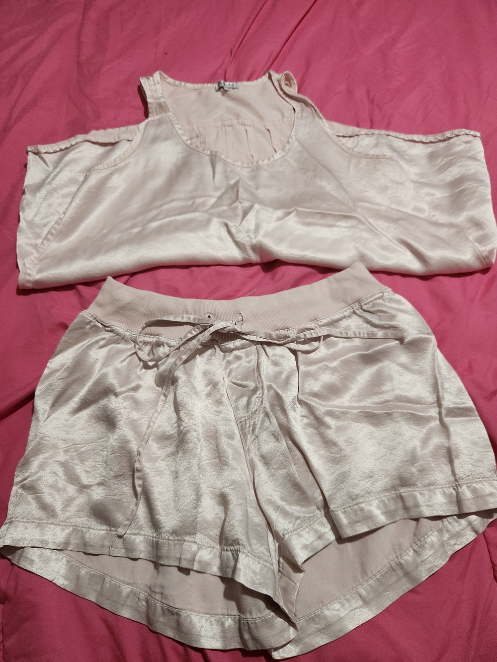 J.Harlow Laura Shiny Satin Blush Pink Two-Piece Pajama Set - Tank & Shorts - Picture 11 of 11